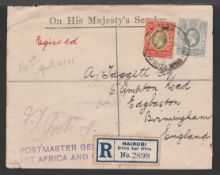 BRITISH EAST AFRICA 1921 Registered OHMS Cover from Nairobi to England, with 25c and 12c adhesiv...