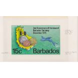 BARBADOS 1975 Handpainted Essay for 15c 2nd Anniversary of Barbados Currency stamp, with letteri...