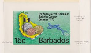 BARBADOS 1975 Handpainted Essay for 15c 2nd Anniversary of Barbados Currency stamp, with letteri...