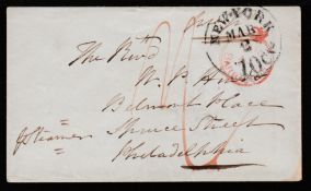 BARBADOS 1857 Envelope addressed to Philadelphia, bearing a good strike of the crowned circle "PA...