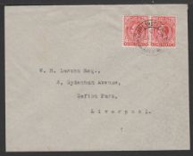 FALKLAND ISLANDS 1923 Cover to England bearing KGV 1d pair cancelled by "SOUTH SHETLANDS" c.d.s....