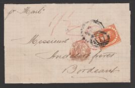 SAINT LUCIA 1878 Entire (rebacked) from Castries to Bordeaux franked 1876 perf 14 1/- orange unus...