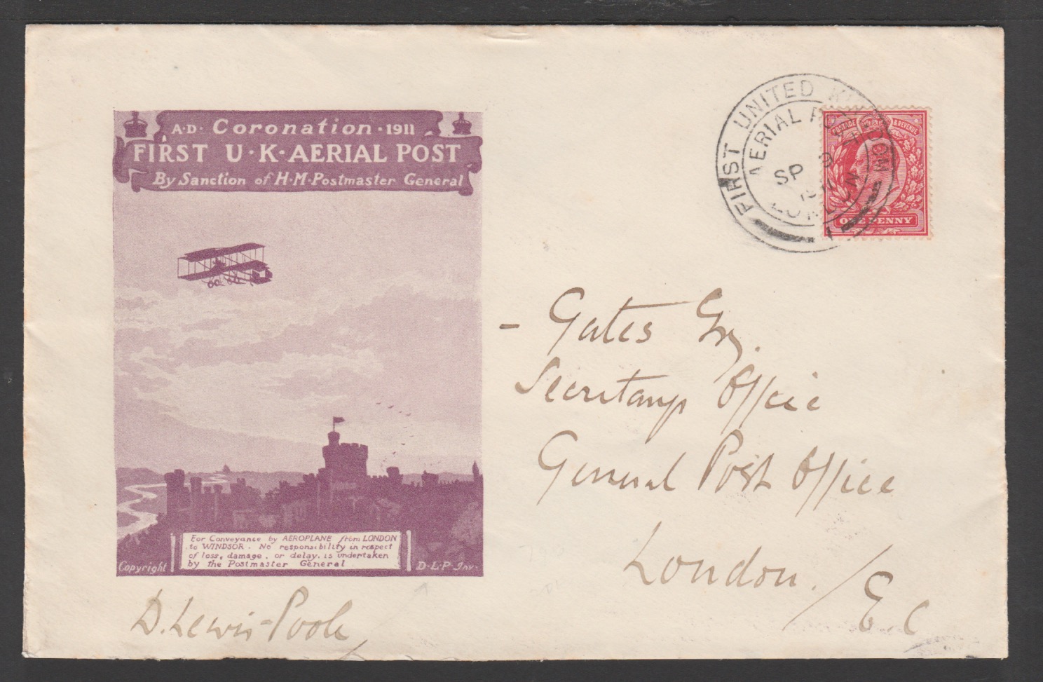 G.B. - FIRST U.K AERIAL POST 1911 (Sep. 9) Violet 'Privilege Mail' envelope franked KEVII 1d, fl... - Image 3 of 3