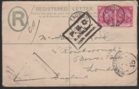 BECHUANALAND 1901 Cape of Good Hope Registered Envelope from Taungs, Bechuanaland, with three ve...