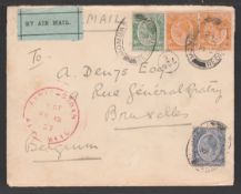 KENYA 1927 (Jan. 3) Registered cover from Mombasa to Belgium franked 80c, carried on the Gladsto...