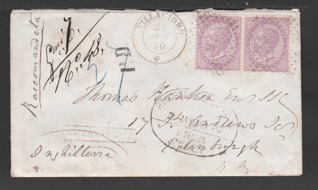 G.B. - LONDON 1870 Registered Cover from Villacidro, Italy, to Edinburgh franked by 1863-65 60c...