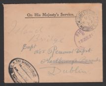 G.B. - IRELAND 1921 Stampless O.H.M.S. Cover addressed to No. 1 Remount Depot, Marlborough Barra...