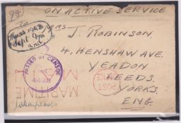 FALKLAND ISLANDS 1943 Stampless O.A.S. cover (flap missing) to England with violet "PASSED BY CE...