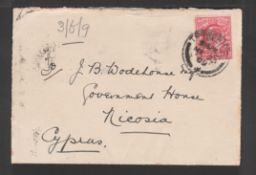 CYPRUS 1909 Cover from G.B to Government House in Nicosia with superb "SEA POST OFFICE / CYPRUS"...