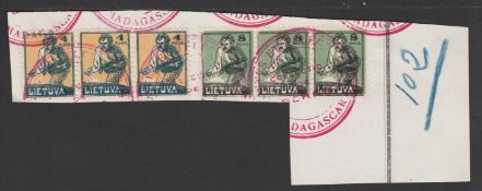 LITHUANIA 1922 Sower new values 4 auks and 8 auks SG 124/25 in strips of three on part ledger sh...