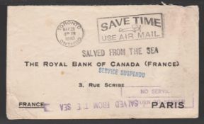 WRECK MAIL / WORLD WAR TWO 1940 (May 28) Cover from Canada to France, recovered from S.S "Eros" t...