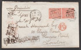 EGYPT / G.B. USED ABROAD 1874 Cover from Alexandria to London with GB 4d vermilion plate 13 vert...