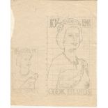 COOK ISLANDS 1963 Superb pencil sketches for a proposed 10 shilling stamp featuring Queen Elizab...