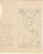 COOK ISLANDS 1963 Superb pencil sketches for a proposed 10 shilling stamp featuring Queen Elizab...