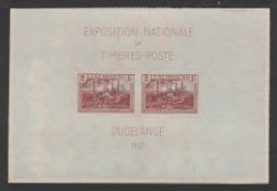 LUXEMBOURG 1937 Dudelange Philatelic Exhibition miniature sheet affixed to a portion of album pa...