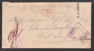 BOER WAR 1900 Stampless cover (made from a Boer form) to Staff Surgeon F.J Lilly R.N, Elandslaag...