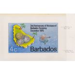 BARBADOS 1975 Handpainted Essay for 4c 2nd Anniversary of Barbados Currency stamp, with black le...