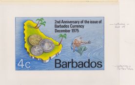 BARBADOS 1975 Handpainted Essay for 4c 2nd Anniversary of Barbados Currency stamp, with black le...