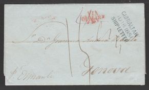 GIBRALTAR 1851 Entire letter to Genova with a superb "GIBRALTAR / JU 18 1851 / SHIP LETTER" hand...