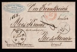 AUSTRIA / BRAZIL / ACCOUNTANCY MARKS 1868 Entire Letter from Vienna to Rio de Janeiro "Via Frank...