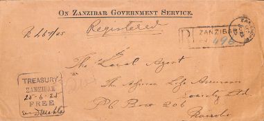 ZANZIBAR 1925 Stampless "On Zanzibar Government Service" Envelope sent registered to Nairobi wit...