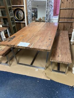 NEW - Hardwood Dining Table And Two Matching Benches 75X41”