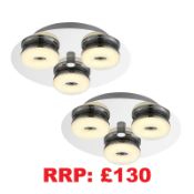 Pack of 2 Modern LED Bathroom Ceiling Light 3 Lights, IP44 Polished Chrome, Natural White