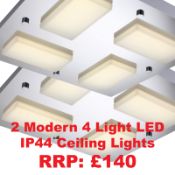 Pack of 2 Modern LED 4 Lights Bathroom Ceiling Light, IP44, Polished Chrome, Cool White