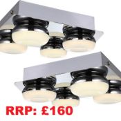 Pack of 2 Modern LED Bathroom Ceiling Light, 4 Lights IP44 Polished Chrome, Natural White (4000K)