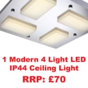 Modern LED 4 Lights Bathroom Ceiling Light, IP44, Polished Chrome, Cool White