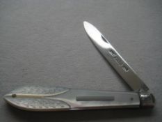 Victorian Lilley of Valley Mother of Pearl Carved Silver Folding Fruit Knife