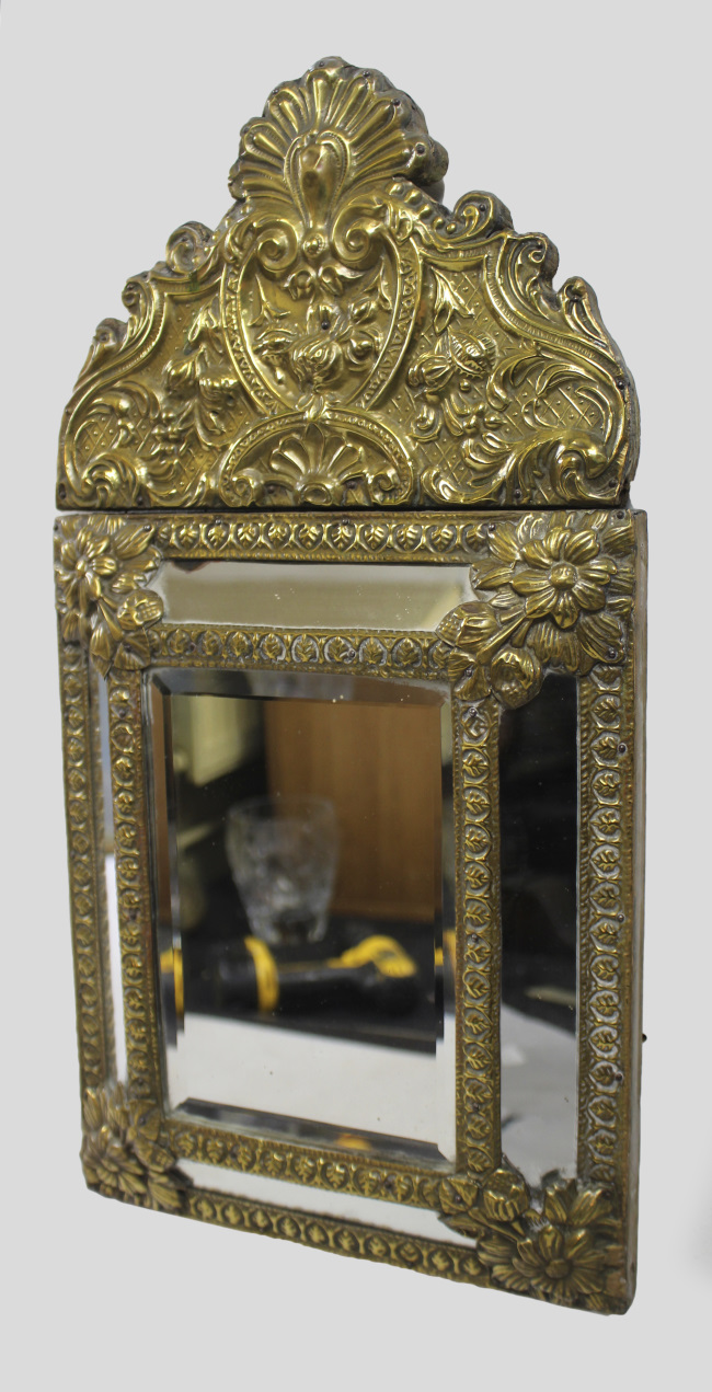 Small 19th c. French RepoussŽ Brass Cushion Mirror - Image 6 of 7