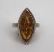 Oval Amber Set Silver Ring