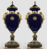 Pair of Fine Sevres Style Cobalt Blue Rams Head Lidded Urns