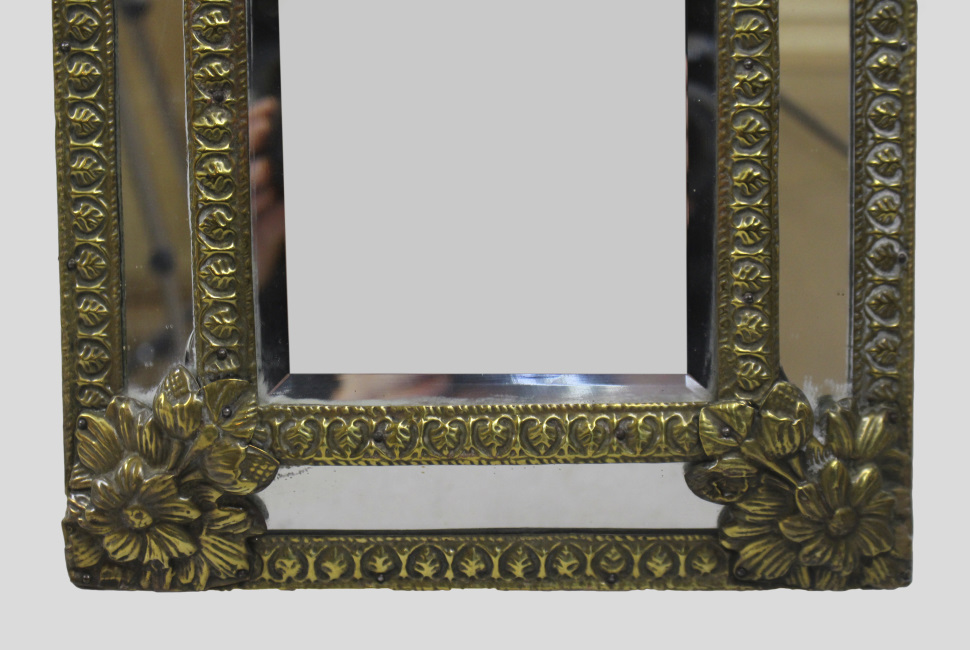 Small 19th c. French RepoussŽ Brass Cushion Mirror - Image 5 of 7