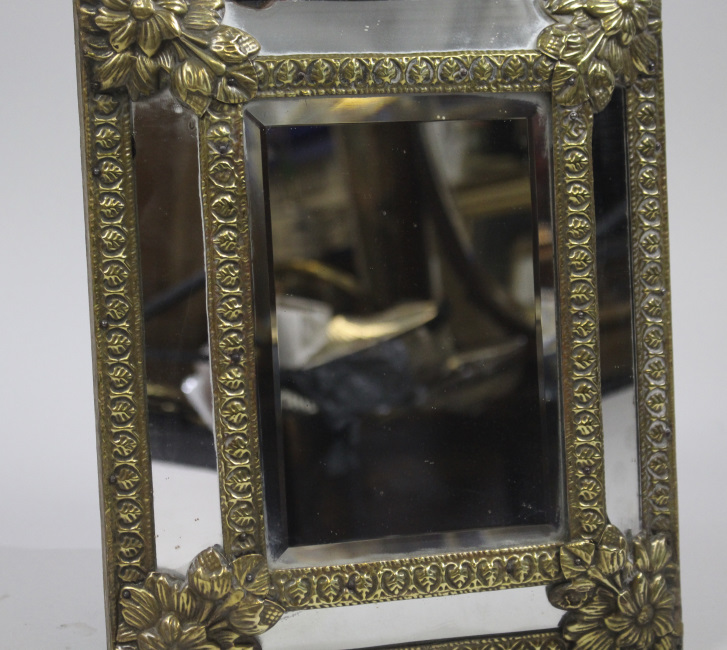 Small 19th c. French RepoussŽ Brass Cushion Mirror - Image 4 of 7