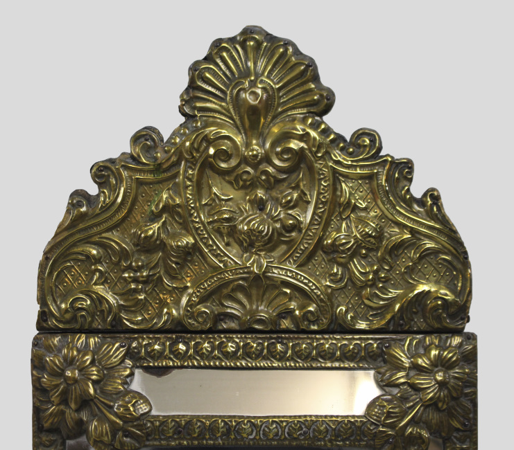 Small 19th c. French RepoussŽ Brass Cushion Mirror - Image 2 of 7