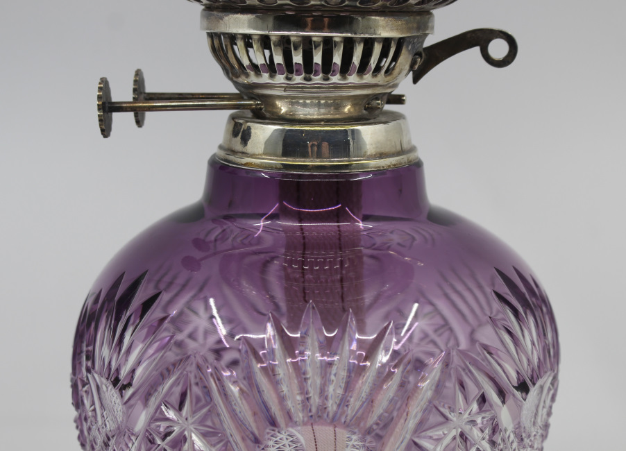 Very Fine English Cut Glass Amethyst Overlay Crystal Oil Lamp - Image 7 of 13