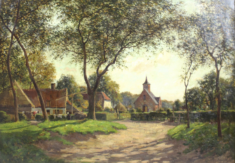 Large Late 19th c. Village Landscape Oil on Canvas - Image 2 of 7