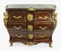 Louis XV Style Inlaid Marble Topped Bombe Commode