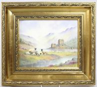 Hand Painted Porcelain Plaque by M.Powell Set in Gilt Frame