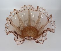 Vintage Brev Italian Pink Glass Pierced Rim Ruffled Bowl