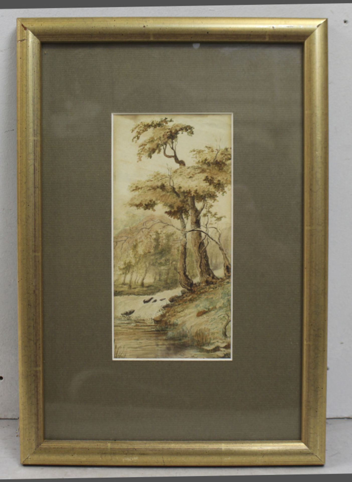 Early 20th c. Watercolour Tree by River Bank