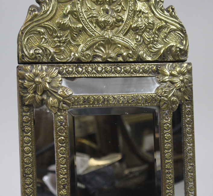 Small 19th c. French RepoussŽ Brass Cushion Mirror - Image 3 of 7