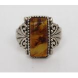 Rectangular Amber Set Silver Ring