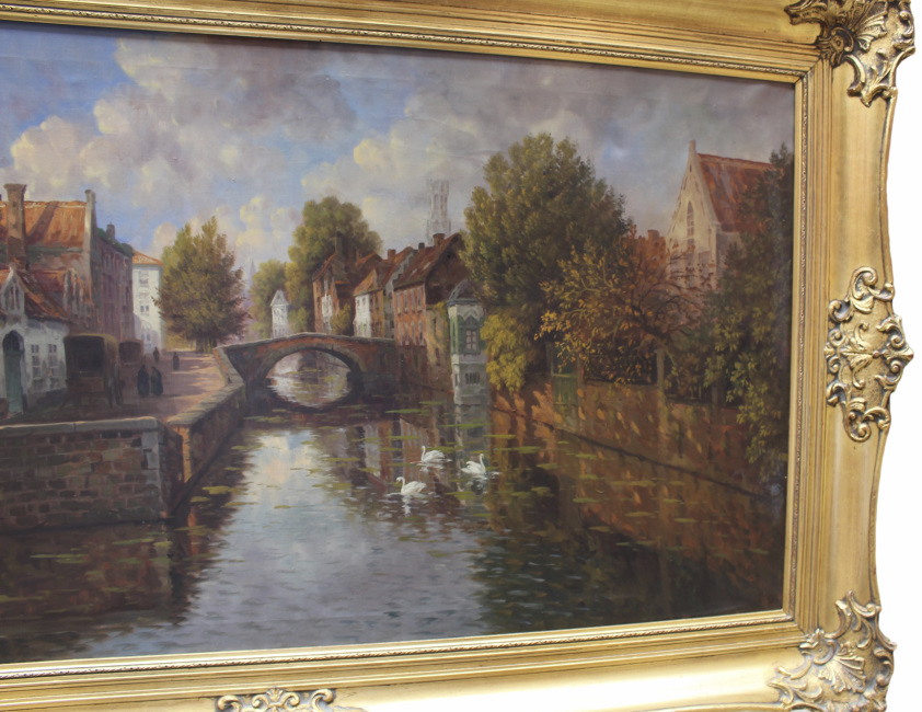 Atmospheric Bruges Canal Landscape Oil on Canvas - Image 3 of 8