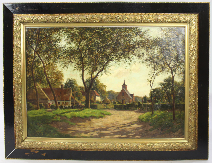 Large Late 19th c. Village Landscape Oil on Canvas