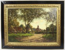 Large Late 19th c. Village Landscape Oil on Canvas