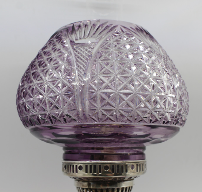 Very Fine English Cut Glass Amethyst Overlay Crystal Oil Lamp - Image 4 of 13