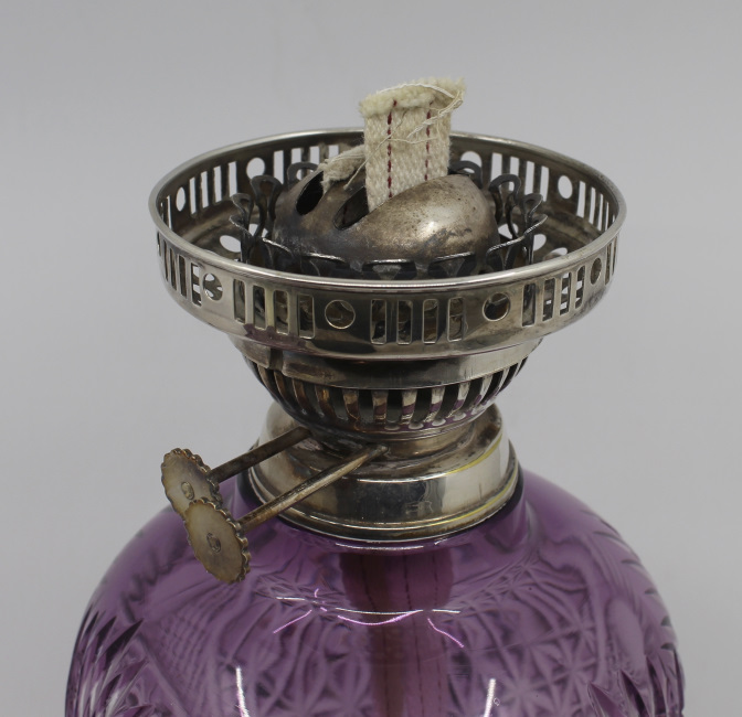 Very Fine English Cut Glass Amethyst Overlay Crystal Oil Lamp - Image 12 of 13